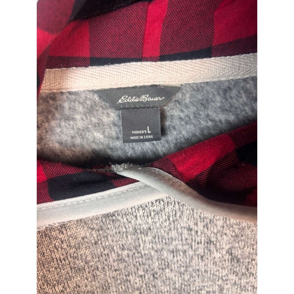 Eddie Bauer Women's Sweater Pullover Gray Size L Hoodie Lined W/Buffalo Plaid - Picture 3 of 4